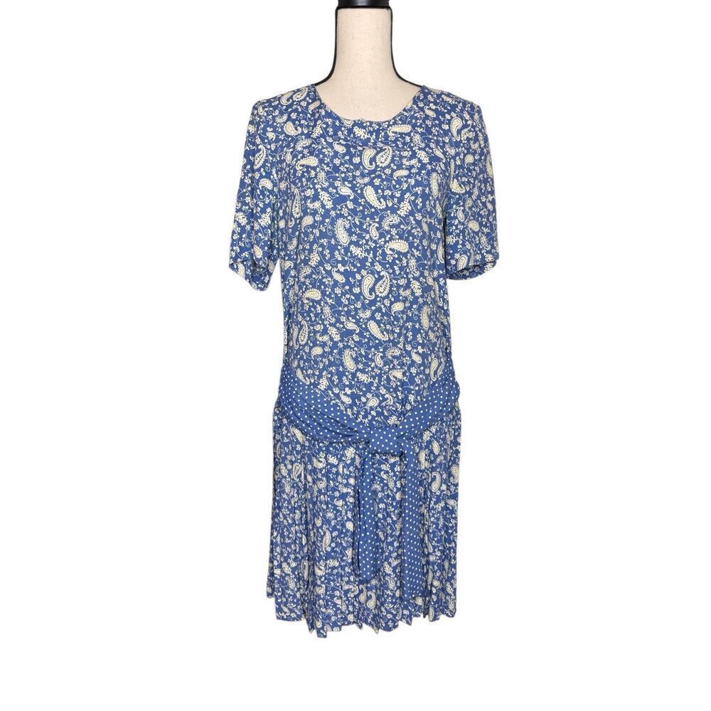 Vintage E.D. Michaels Dress Blue & White Paisley Dropped Waist Size MP 80’s/90’s
